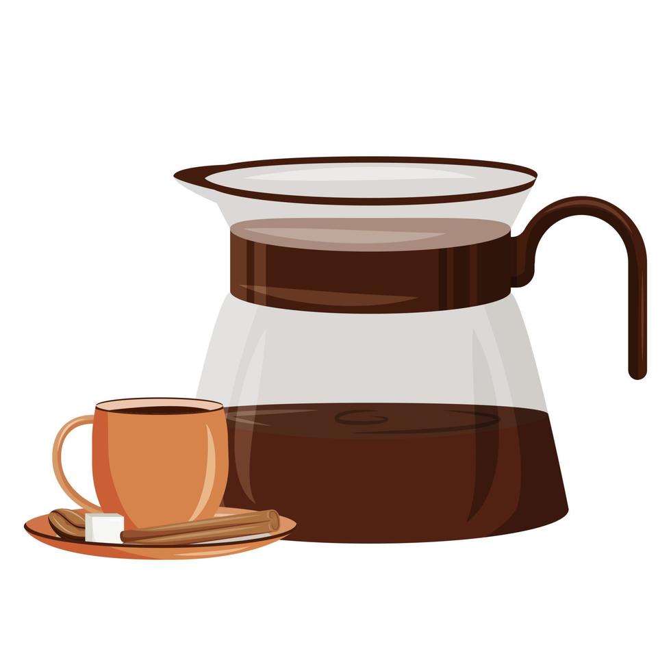 Morning drink cartoon vector illustration. Coffeeshop drink. Espresso with sugar and cinnamon. Cafeteria food. Coffee pot flat color object. Americano in mug isolated on white background