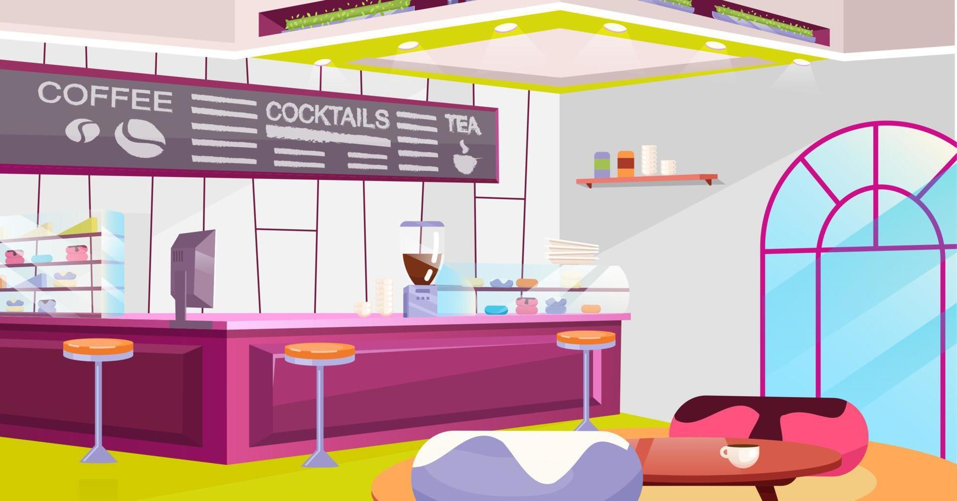 Ilustración de vector plano interior de cafetería. acogedora cafetería con sillas, mesas de moda y una ventana arqueada de época. mostrador de dibujos animados, máquina de café y vitrina de vidrio. pizarra elegante con menú de bebidas