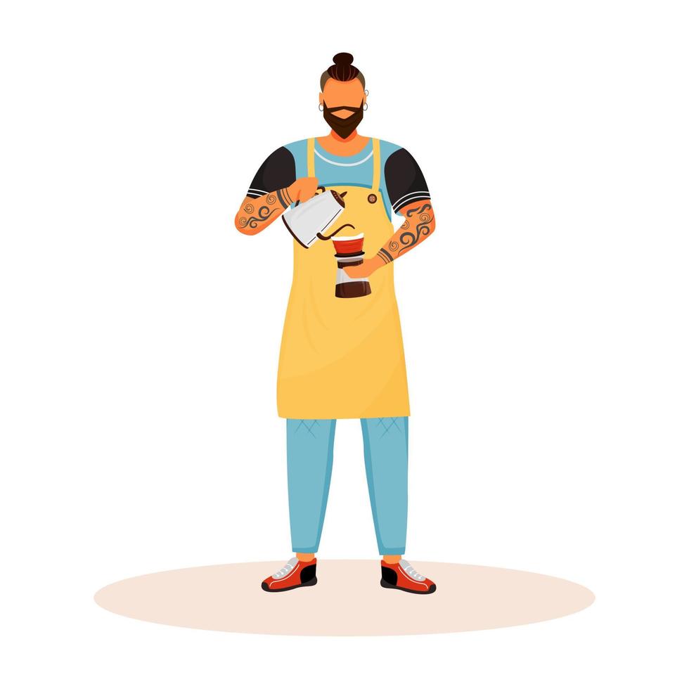 Barista with beard flat color vector faceless character. Man making americano. Male cafe worker preparing drink. Guy serving espresso. Hipster with tattoos isolated cartoon illustration