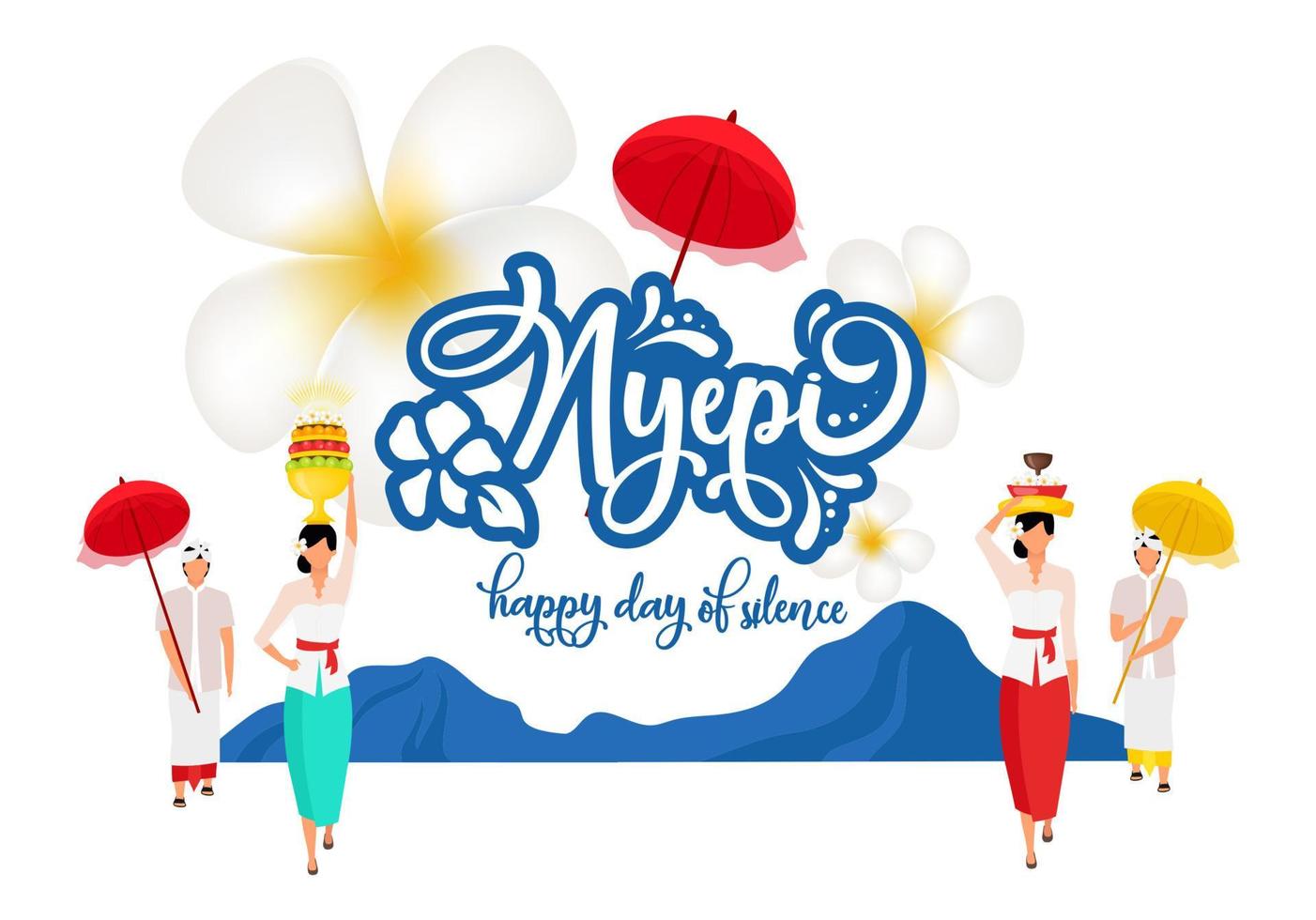 Nyepi flat poster vector template. Day of silence. Pura Ulun Danu Bratan. Traditional holiday. People in national clothing cartoon characters. Banner, brochure page, leaflet design, place for text