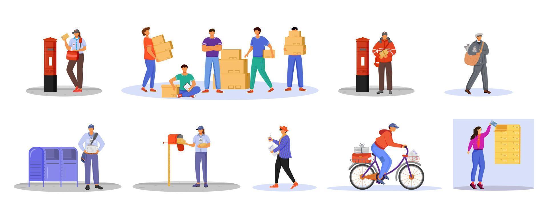 Post office male workers and loaders flat color vector illustration set. Man receives packages. Post service delivery. Boxes and parcels transportation isolated cartoon character on white background