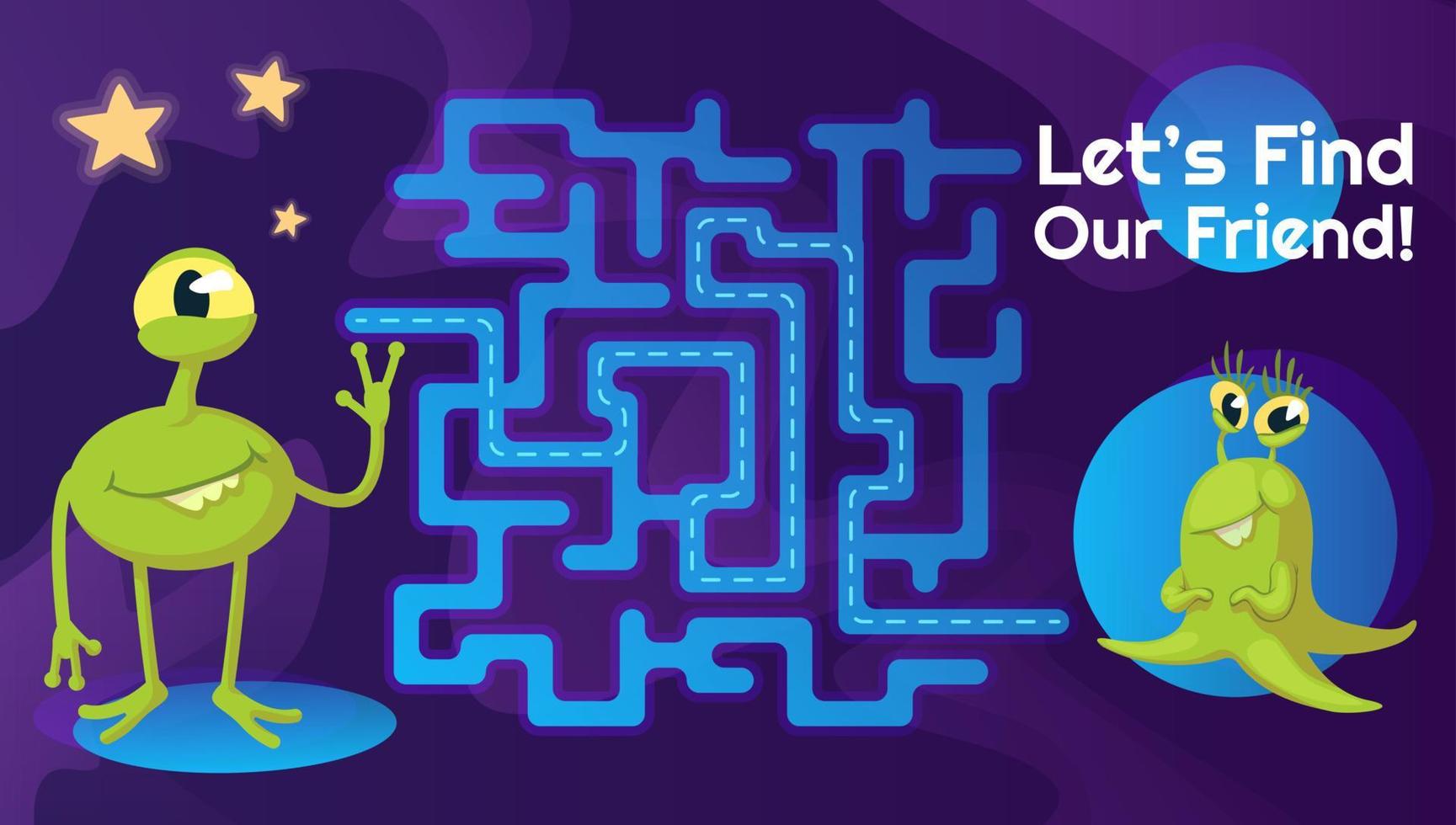 Aliens friend labyrinth with cartoon character template. Cute extraterrestrial find path maze with solution for educational kids game. Childish adventure printable flat vector layout