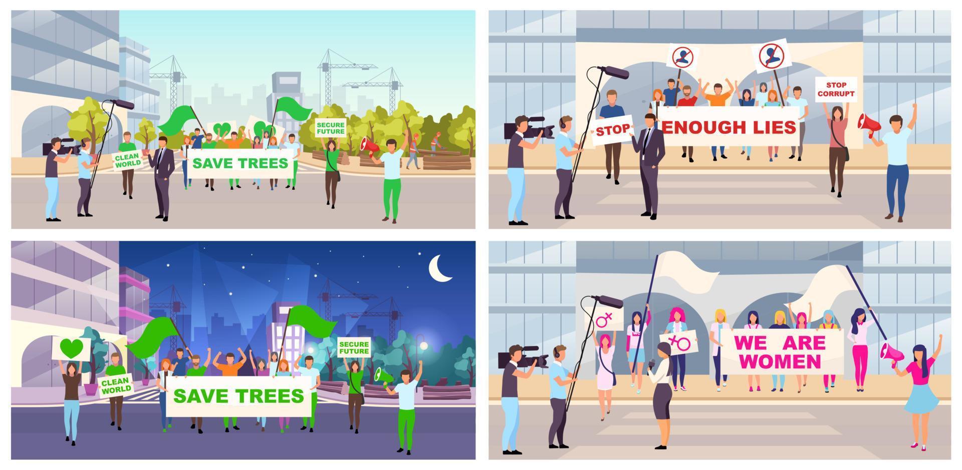 Social protests flat vector illustrations set. Feminist movement, save trees demonstration. Protesters, activists with placards cartoon characters. Street protest actions, meetings, manifestation