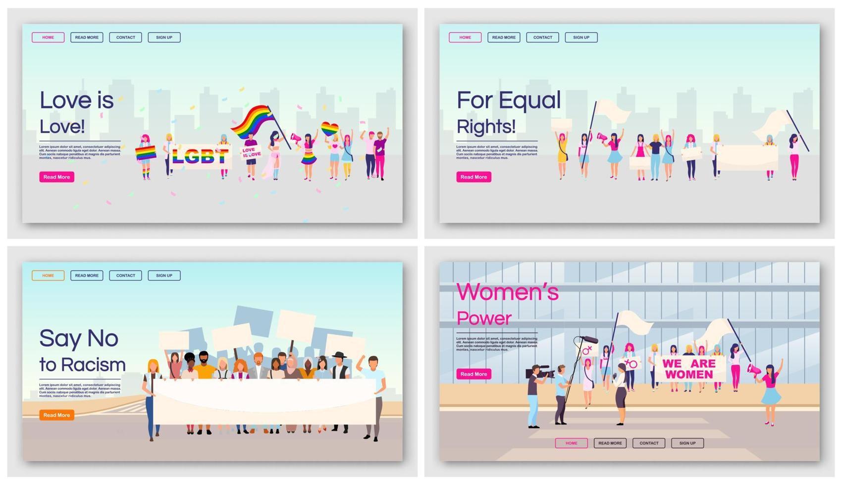 Equal rights protests landing page vector templates set. Social movements against racial and gender inequality website interface with flat illustrations. Homepage layout, web banner, webpage concept