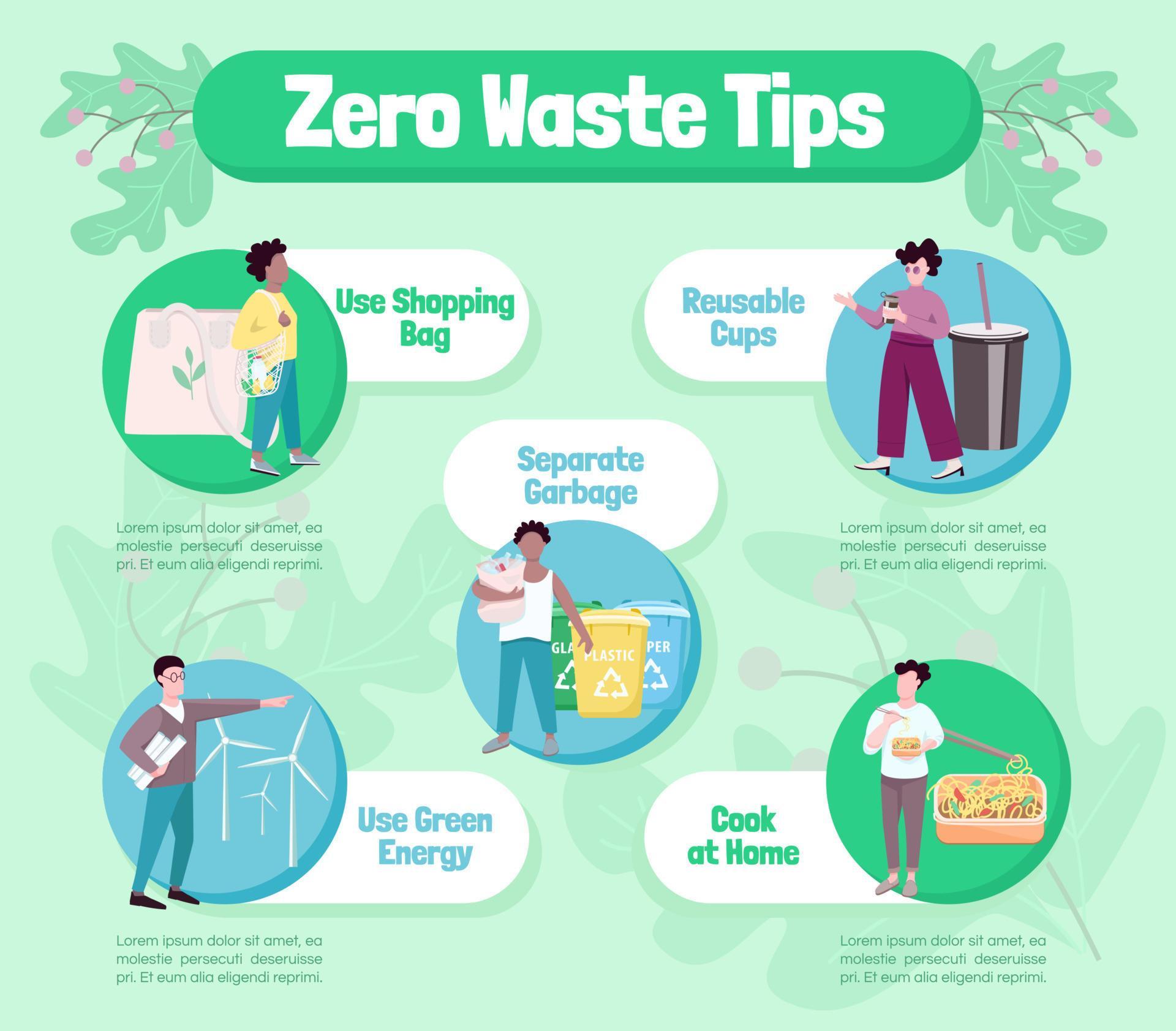 Zero waste tips flat color vector infographic template. Eco friendly