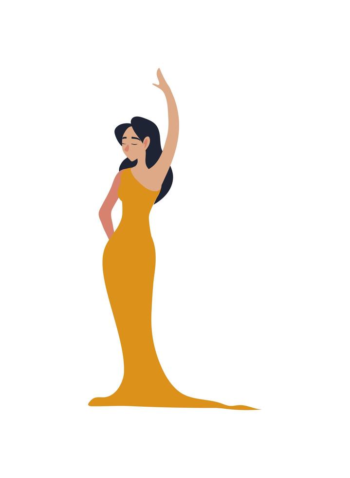 elegant woman character in yellow dress cartoon vector