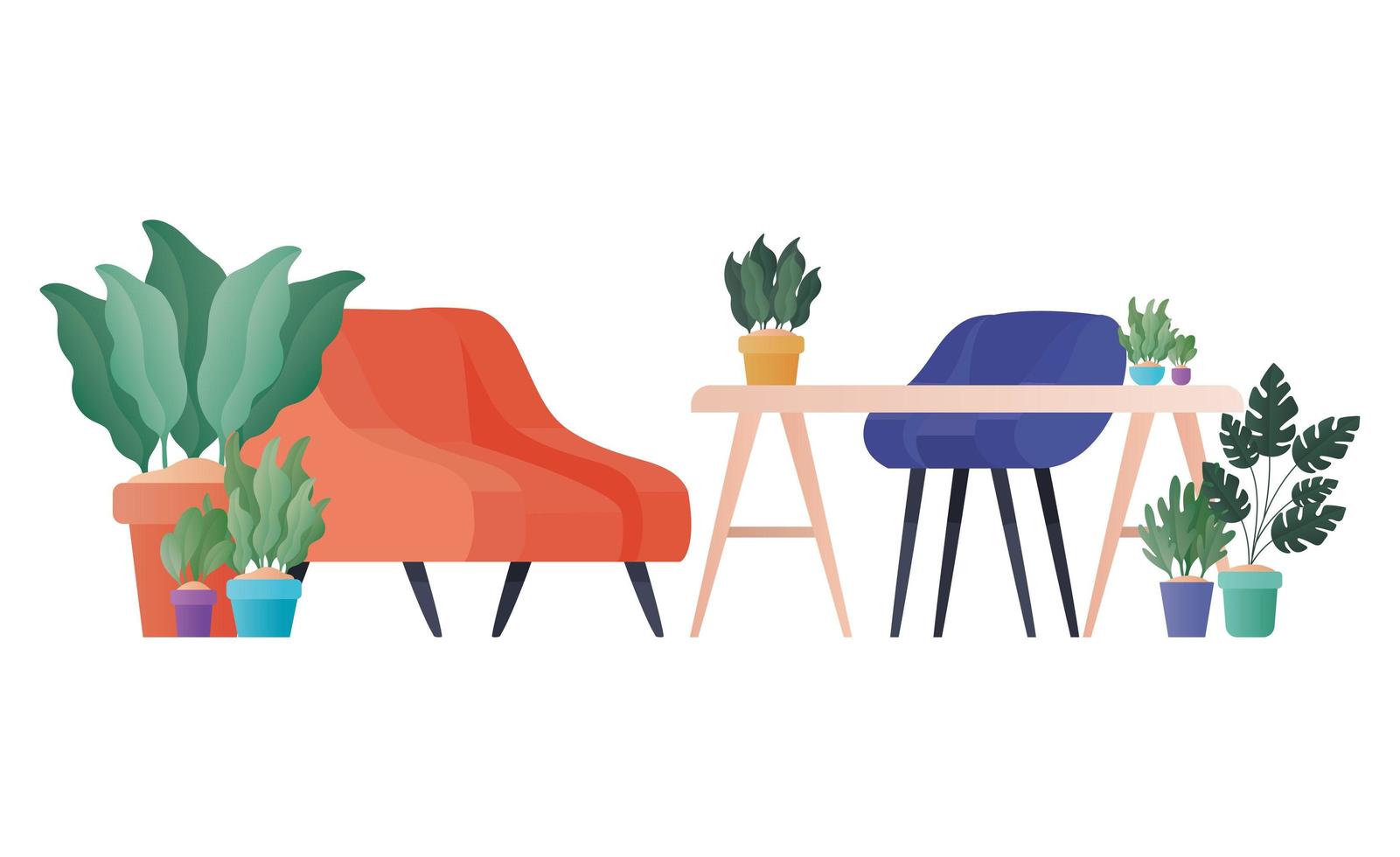 red chair and desk with plants vector design