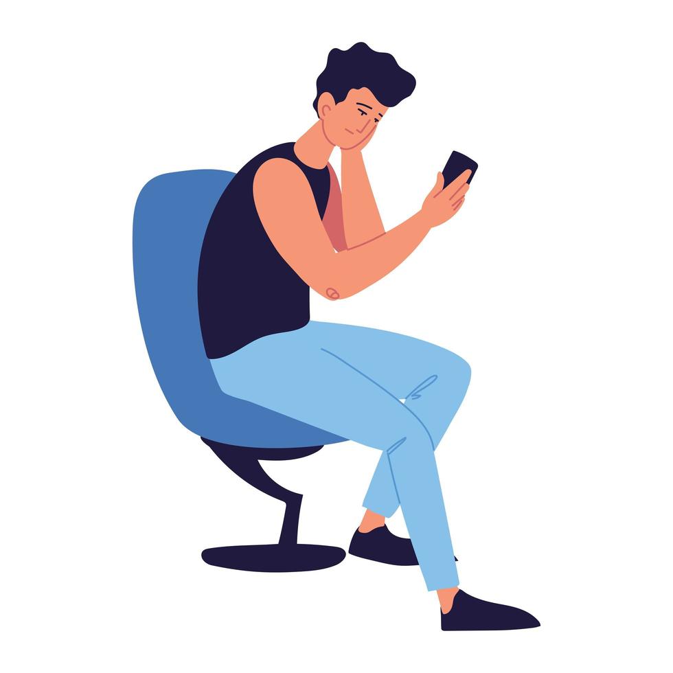 man sitting looking phone vector