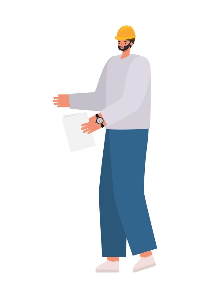 man with black hair, safety helmet and one paper vector