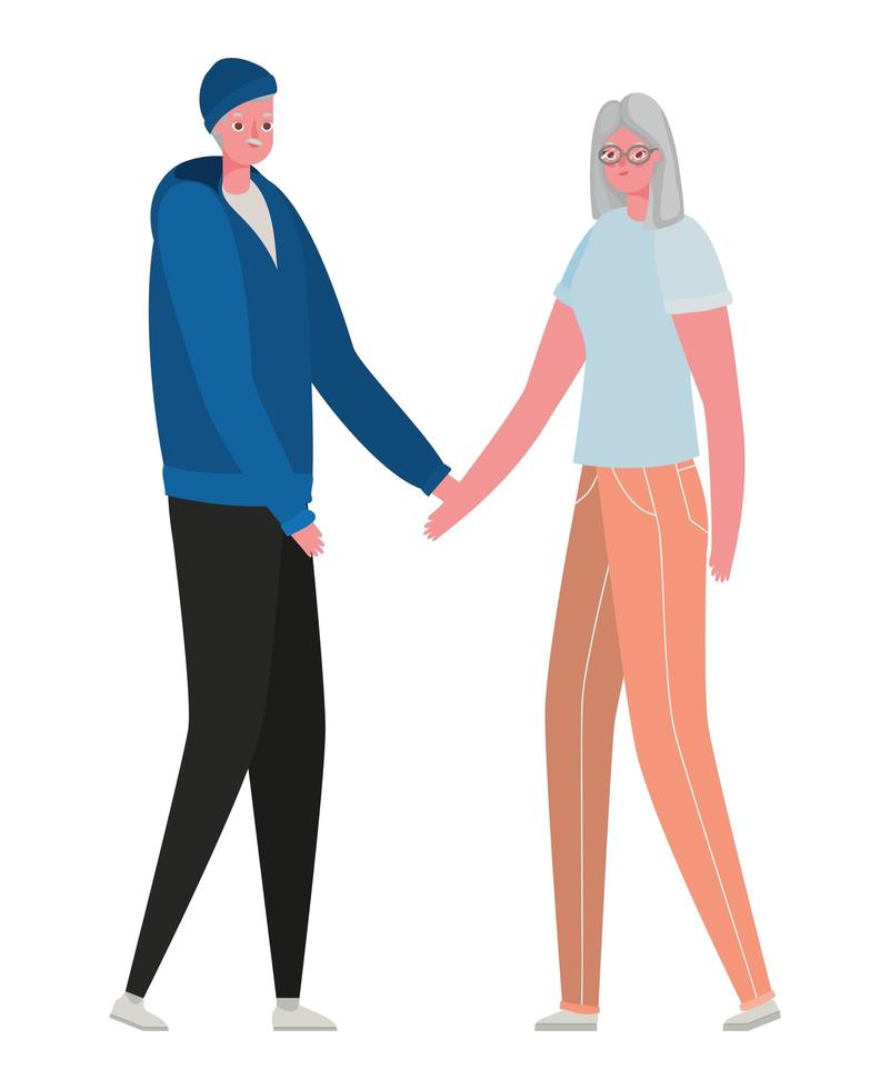Dibujos animados de mujer y hombre senior con ropa deportiva tomados de la mano diseño vectorial vector
