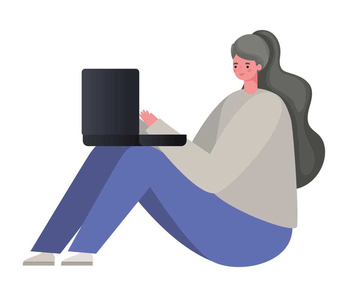 seated woman with laptop working vector design