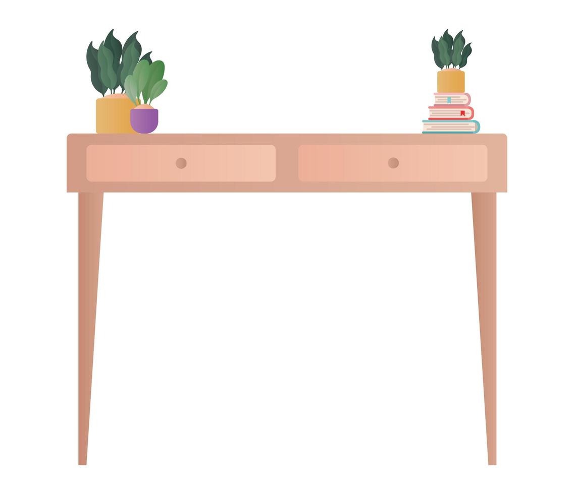escritorio con plantas y libros de diseño vectorial vector