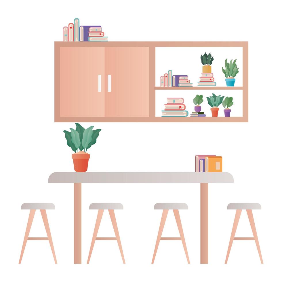 Cocina con mesa, sillas y libros de diseño vectorial. vector