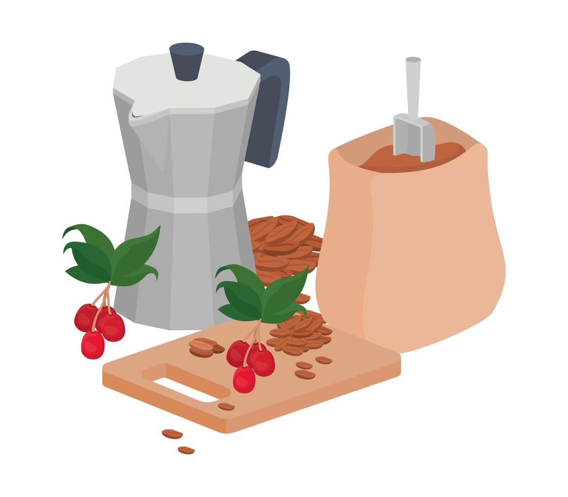 cafetera moka, tabla de cortar y bolsa de café en polvo vector