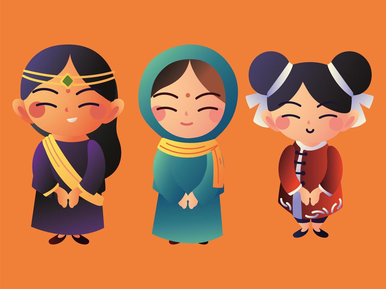set of female asian characters vector