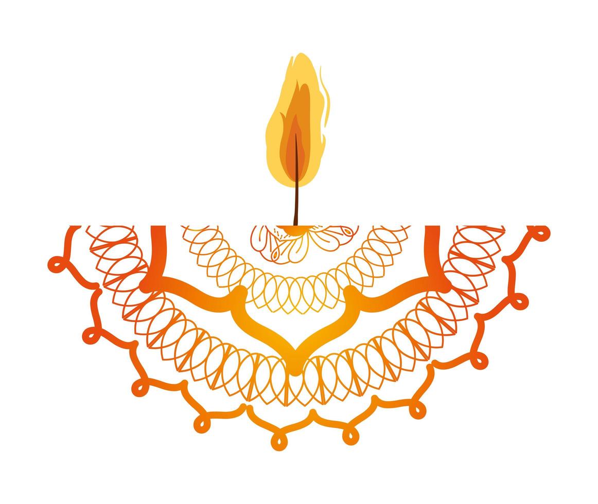 Mandala de colores rojo y naranja con una vela sobre fondo blanco. vector