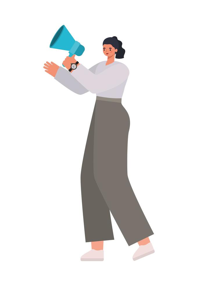 woman dressed in khaki pants and white shoes with a megaphone vector