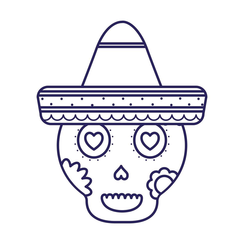 Cráneo mexicano con diseño de vector de icono de estilo de línea de sombrero