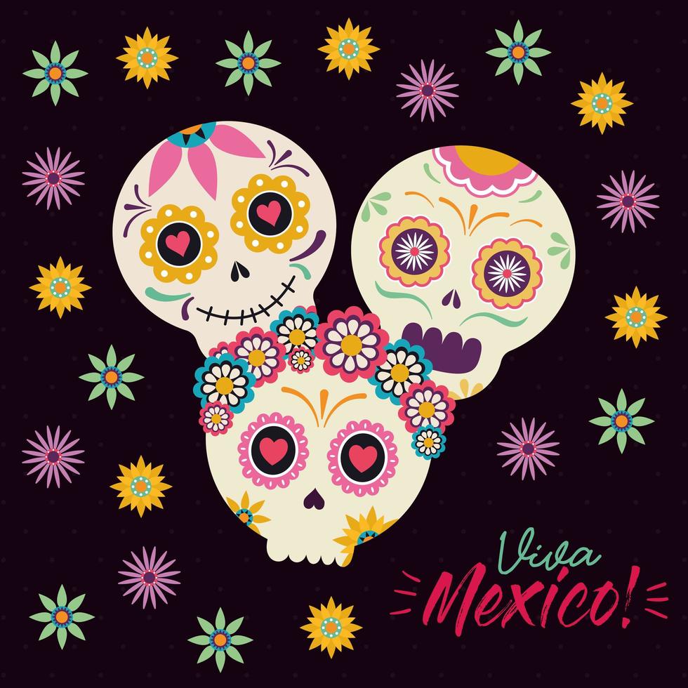 mexican skull heads with flowers vector design