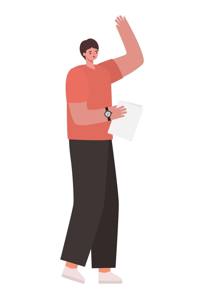 man with brown hair, a salmon color shirt and one paper vector