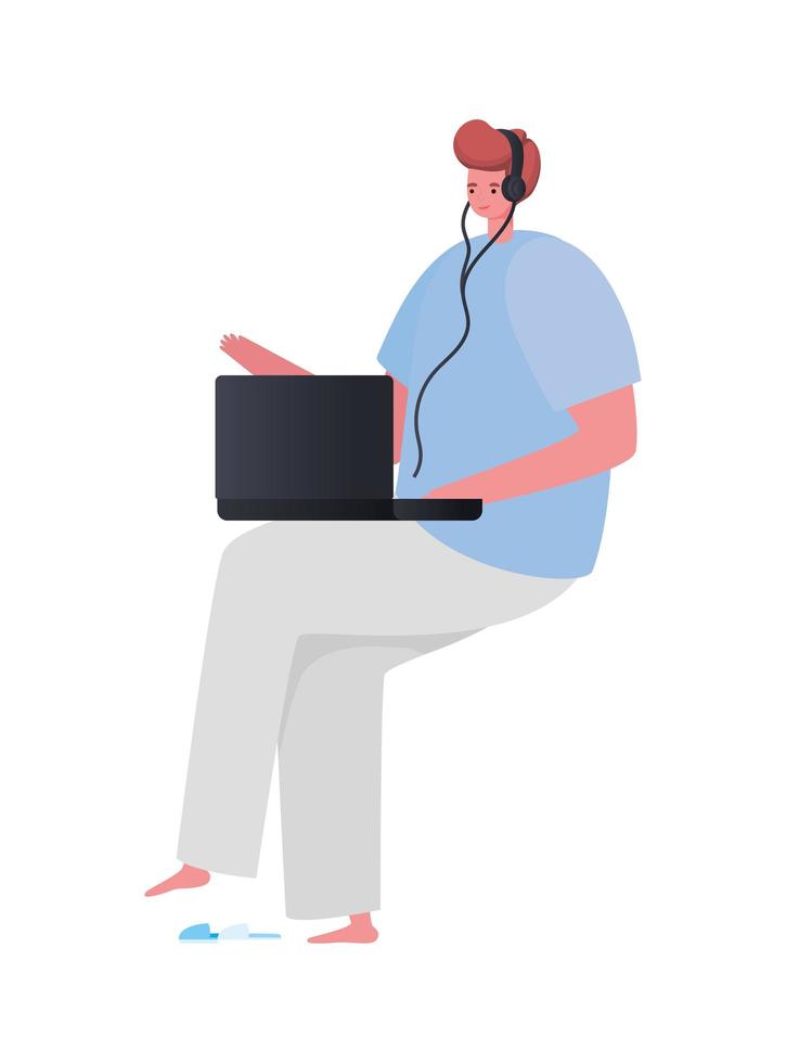 Hombre sentado con diseño de vector de trabajo portátil y auriculares