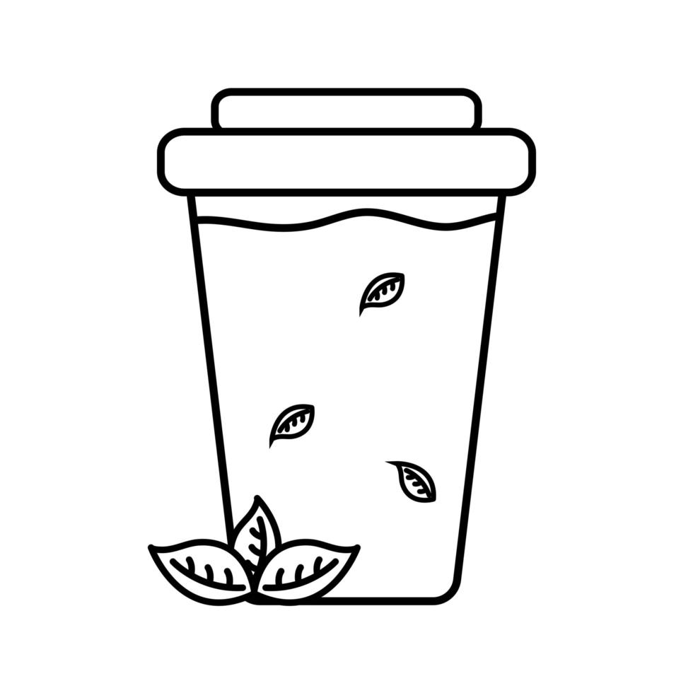 Taza de té helado con diseño de vector de icono de estilo de línea de hojas