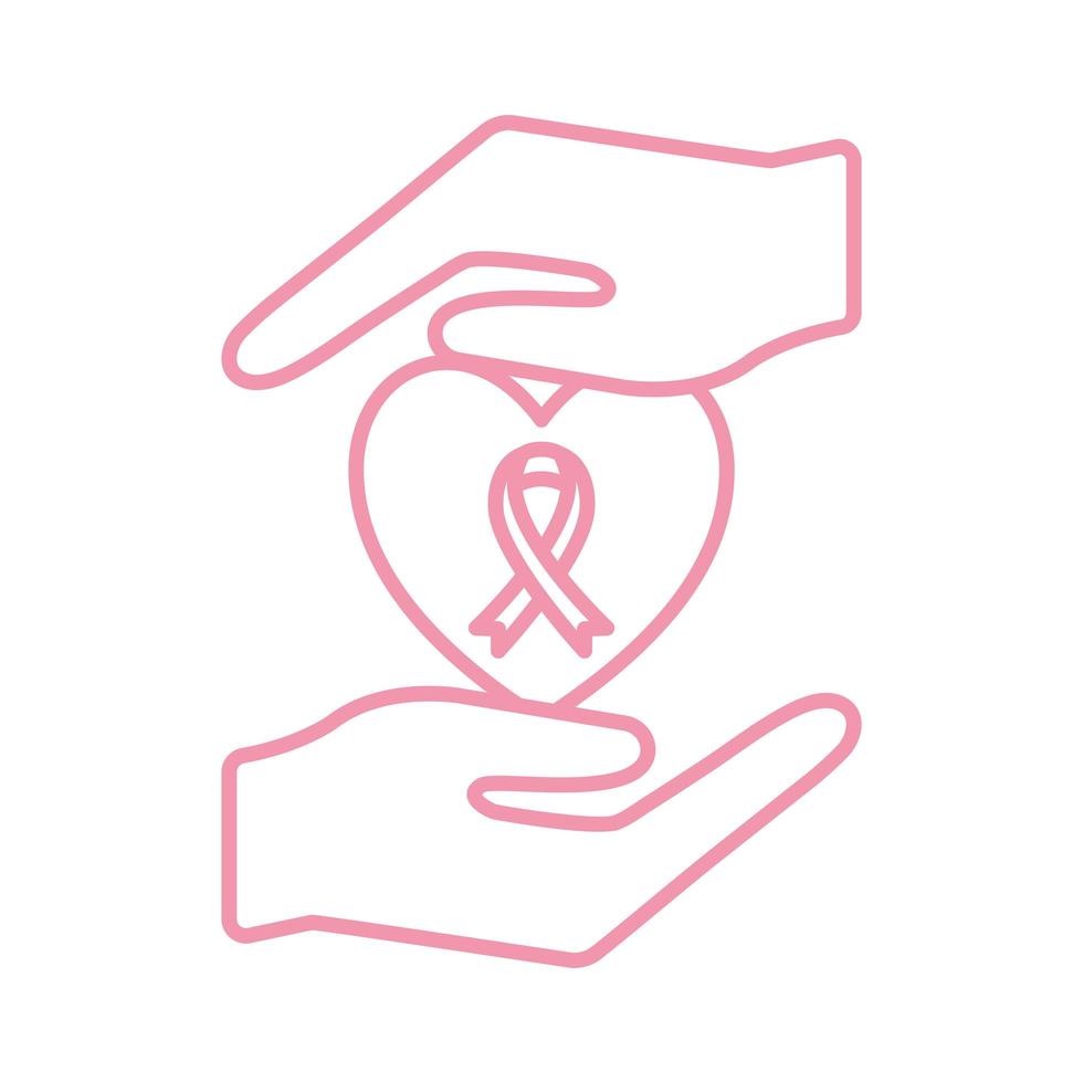 breast cancer ribbon in heart between hands line style icon vector design