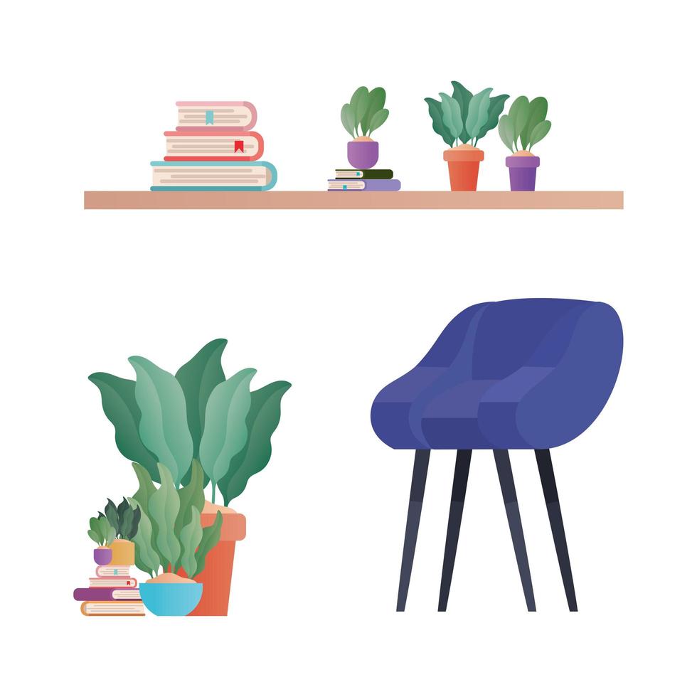 silla azul y estantería con libros y plantas de diseño vectorial vector