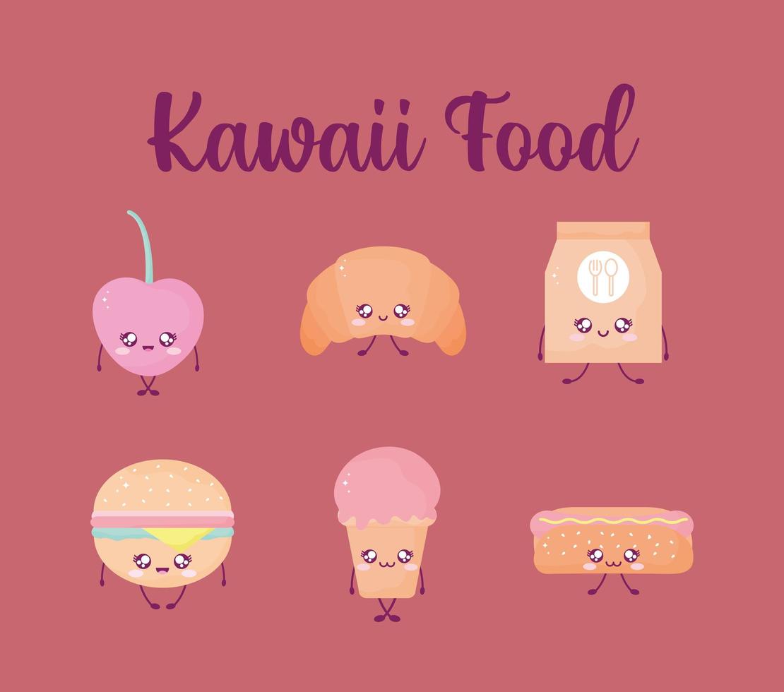 kawaii food lettering and set of kawaii food vector