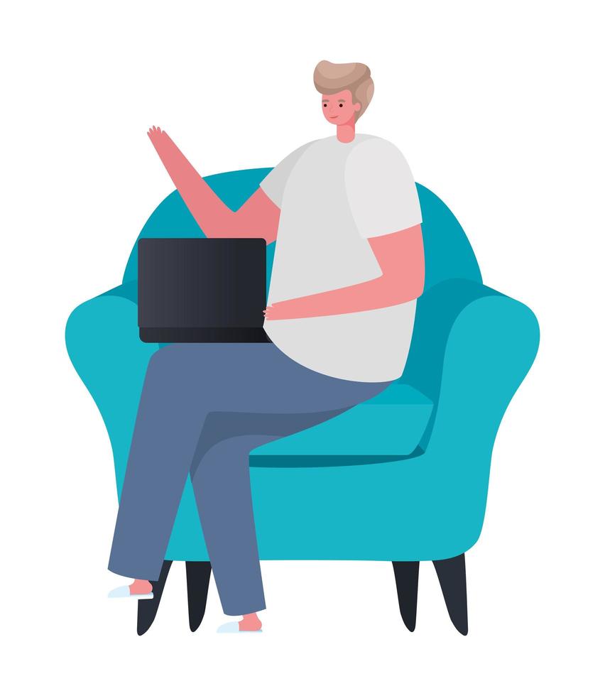 Man with laptop on chair working vector design