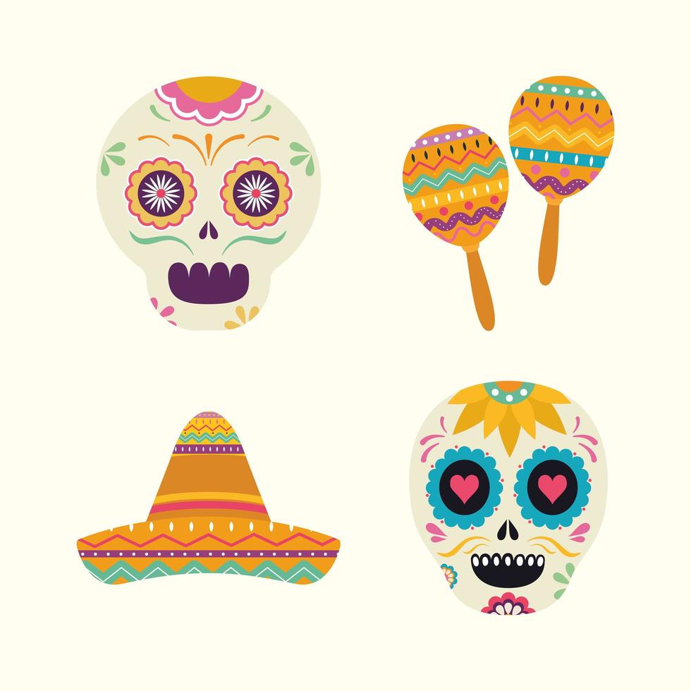 Cabezas de calavera mexicana maracas y diseño de vector de sombrero