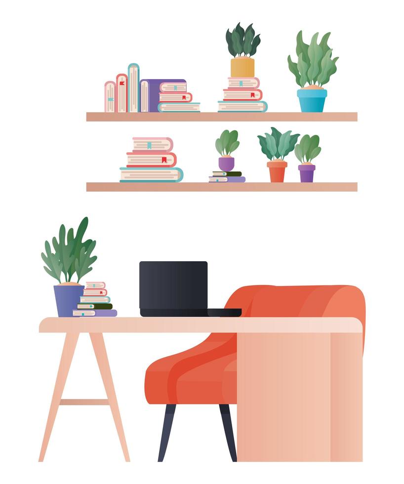 desk with laptop and plants vector design