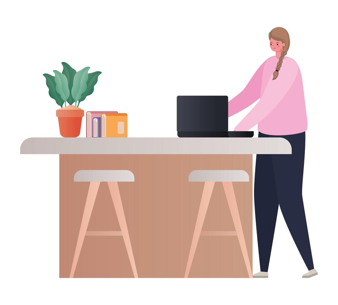 Mujer con laptop en diseño de vector de trabajo de mesa