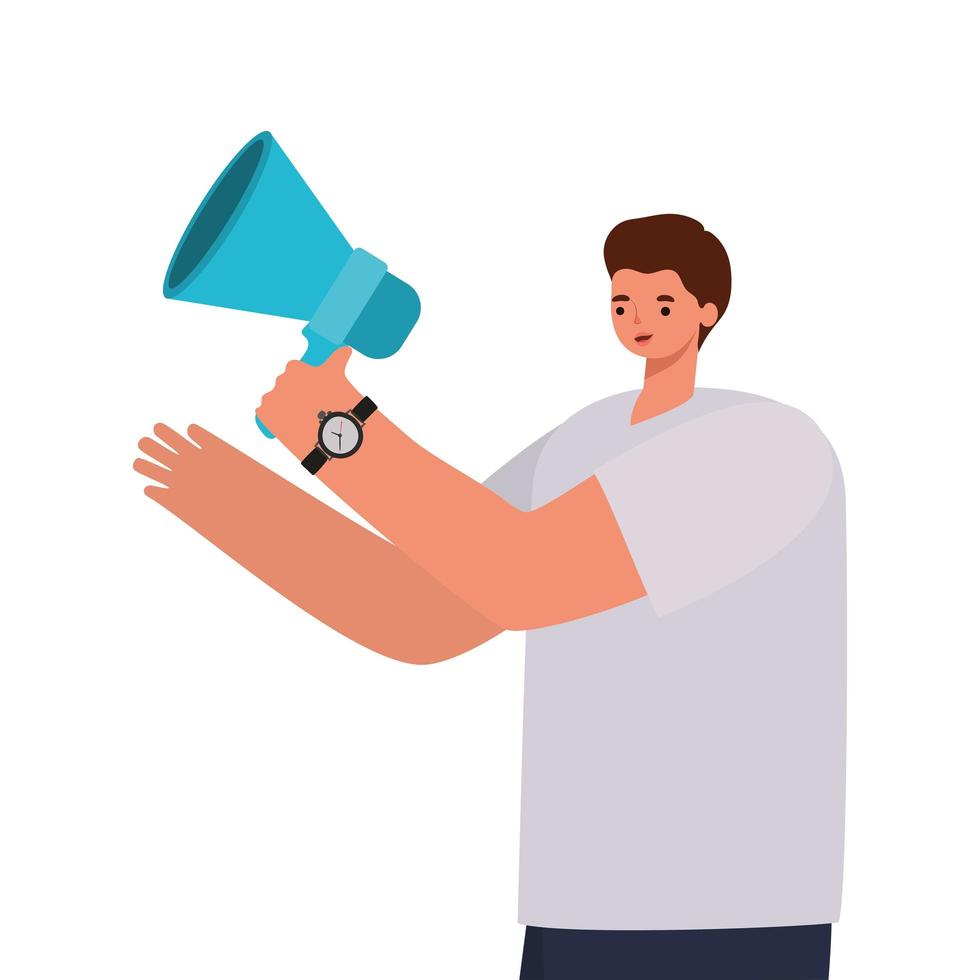 man with brown hair, gray shirt, wristwatch and megaphone vector