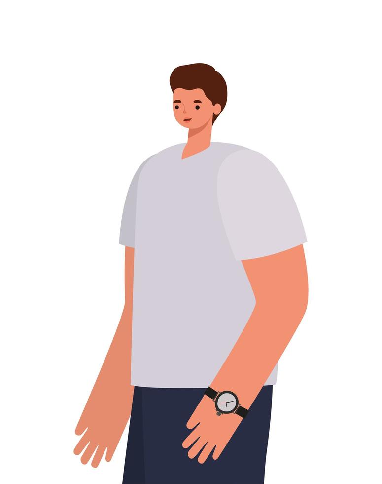 Hombre con cabello castaño, camisa gris y reloj de pulsera sobre un fondo blanco vector