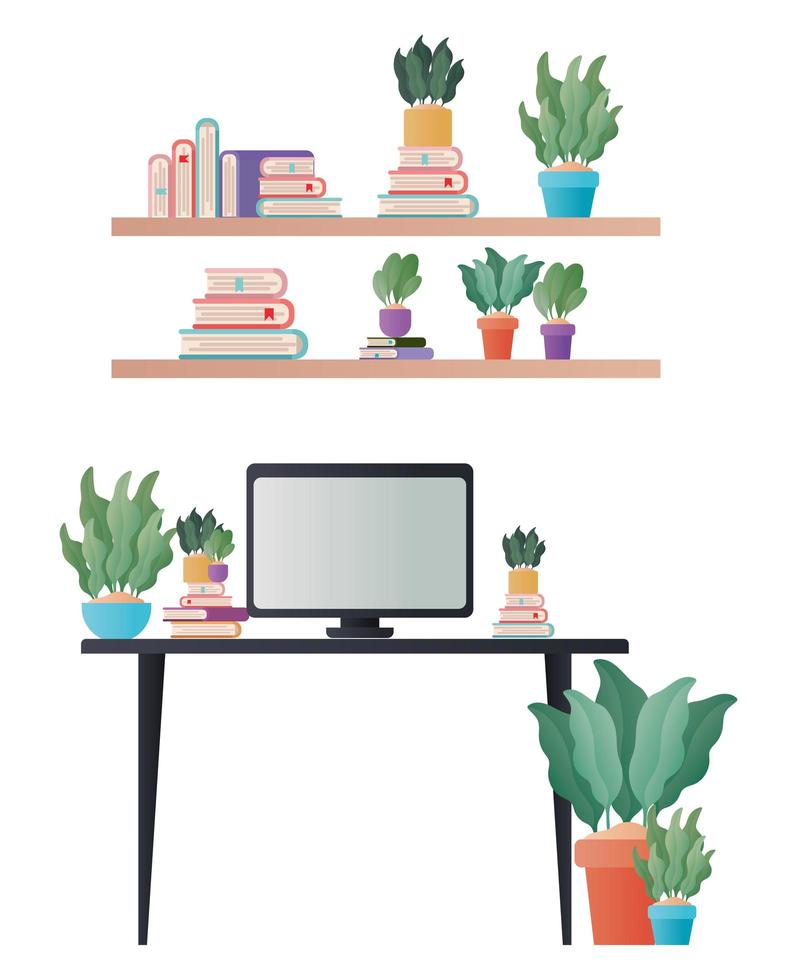 Escritorio con libros de computadora y plantas en estantes de diseño vectorial vector