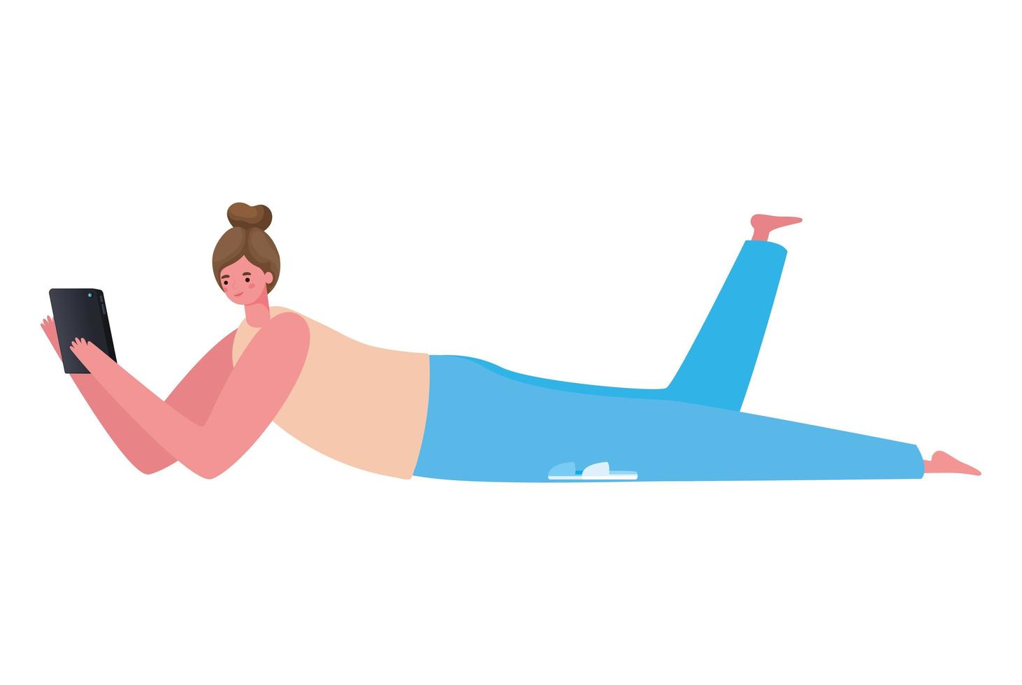 woman lying down with tablet working vector design