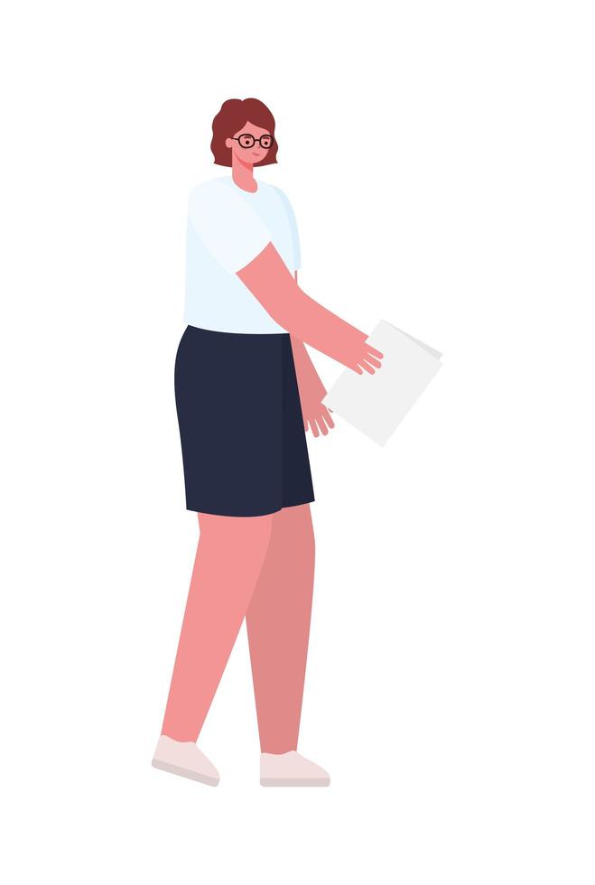 woman with brown hair, white shirt and one paper vector