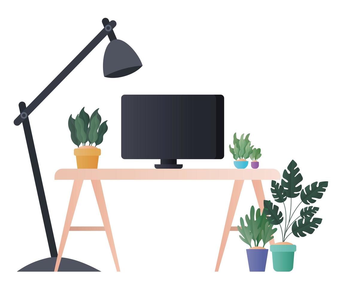 desk with computer lamp and plants vector design