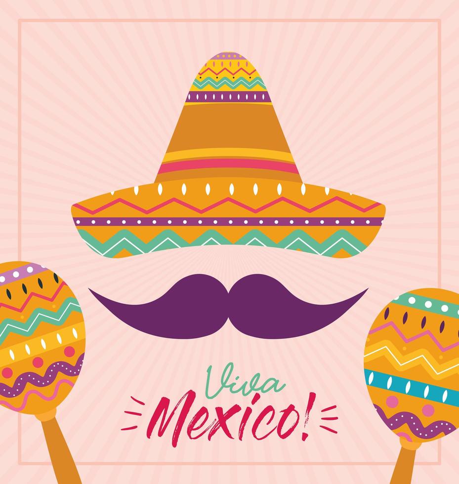 Mexican hat with mustache and maracas vector design