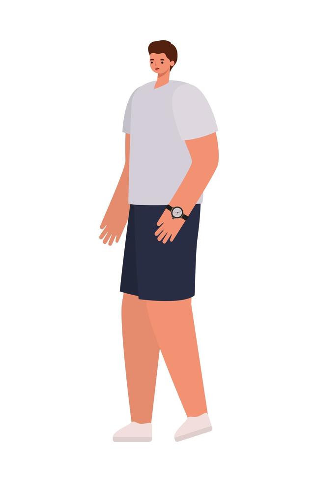 man dressed in gray shirt and dark shorts and one writwatch vector