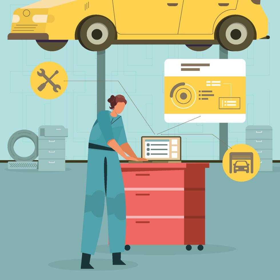 Woman Mechanic Examine Car On Her Laptop Concept vector