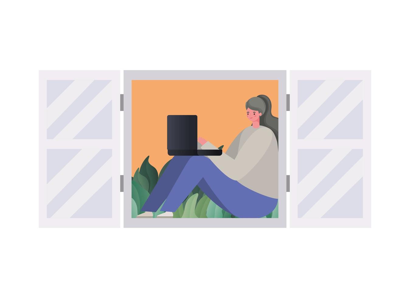 Woman with laptop working at window vector design