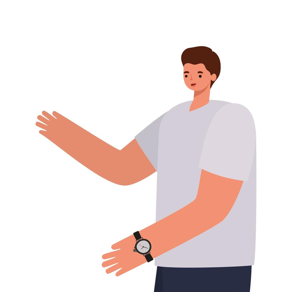 man with brown hair, gray shirt and wristwatch vector