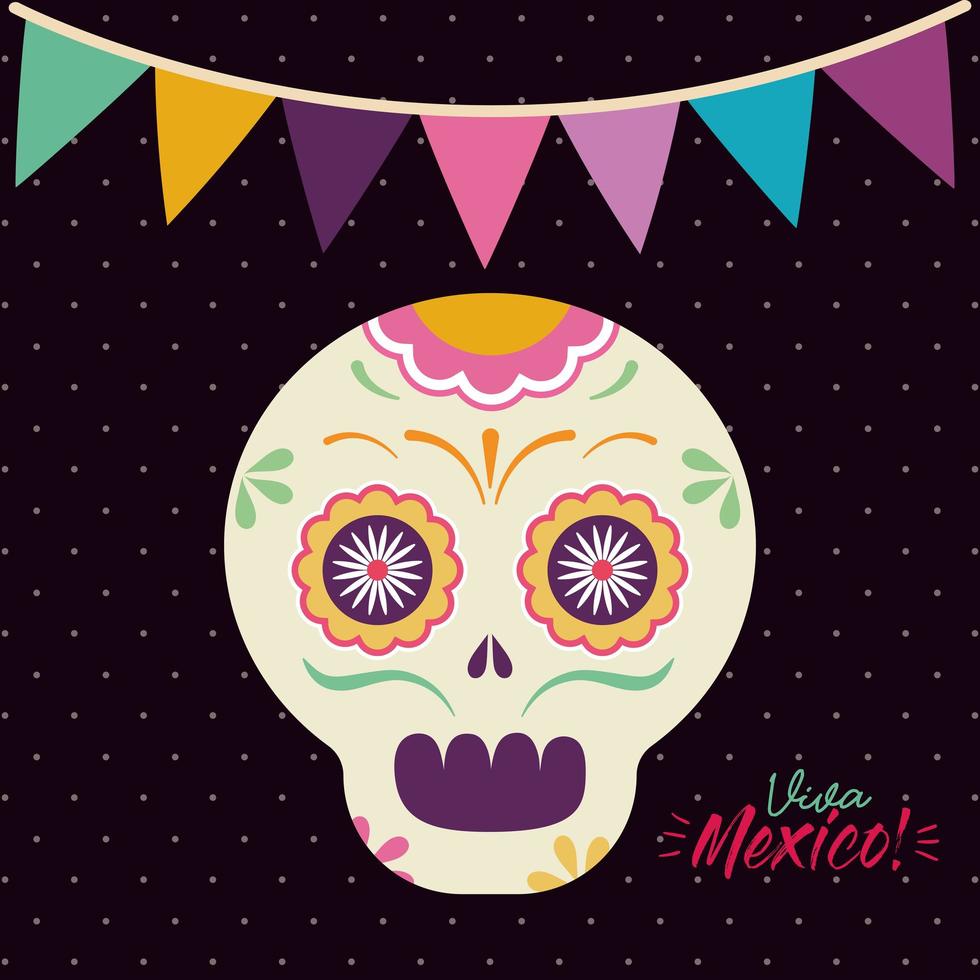 mexican skull head with banner pennant vector design