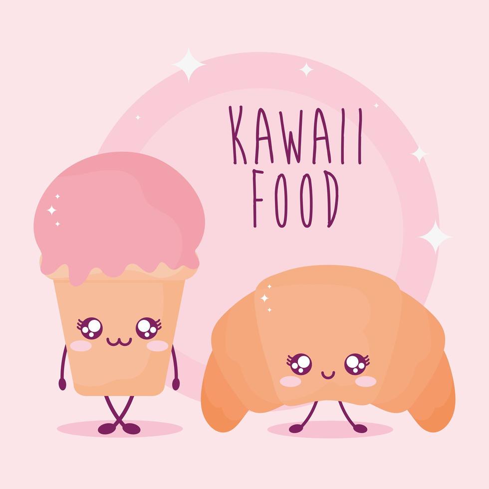 kawaii food lettering with ice cream and croissant vector