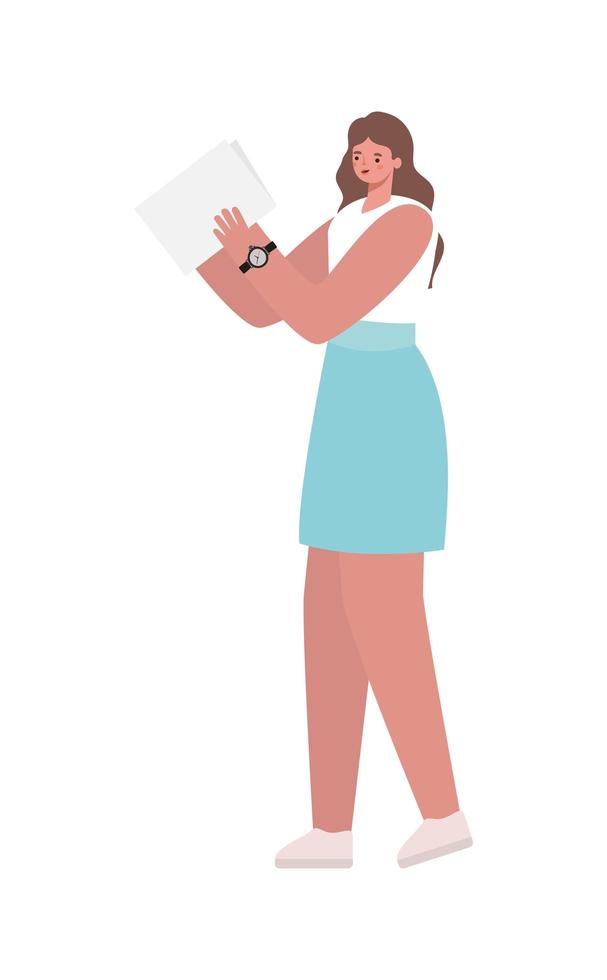 woman with brown hair, blue skirt and one paper vector
