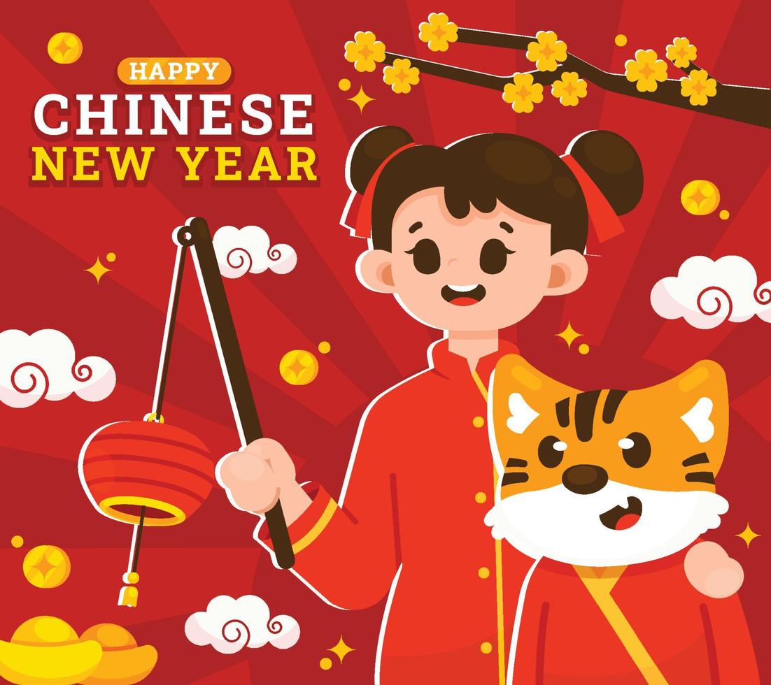 Oriental Girl and Tiger Holding Lantern Celebrating Chinese New Year vector