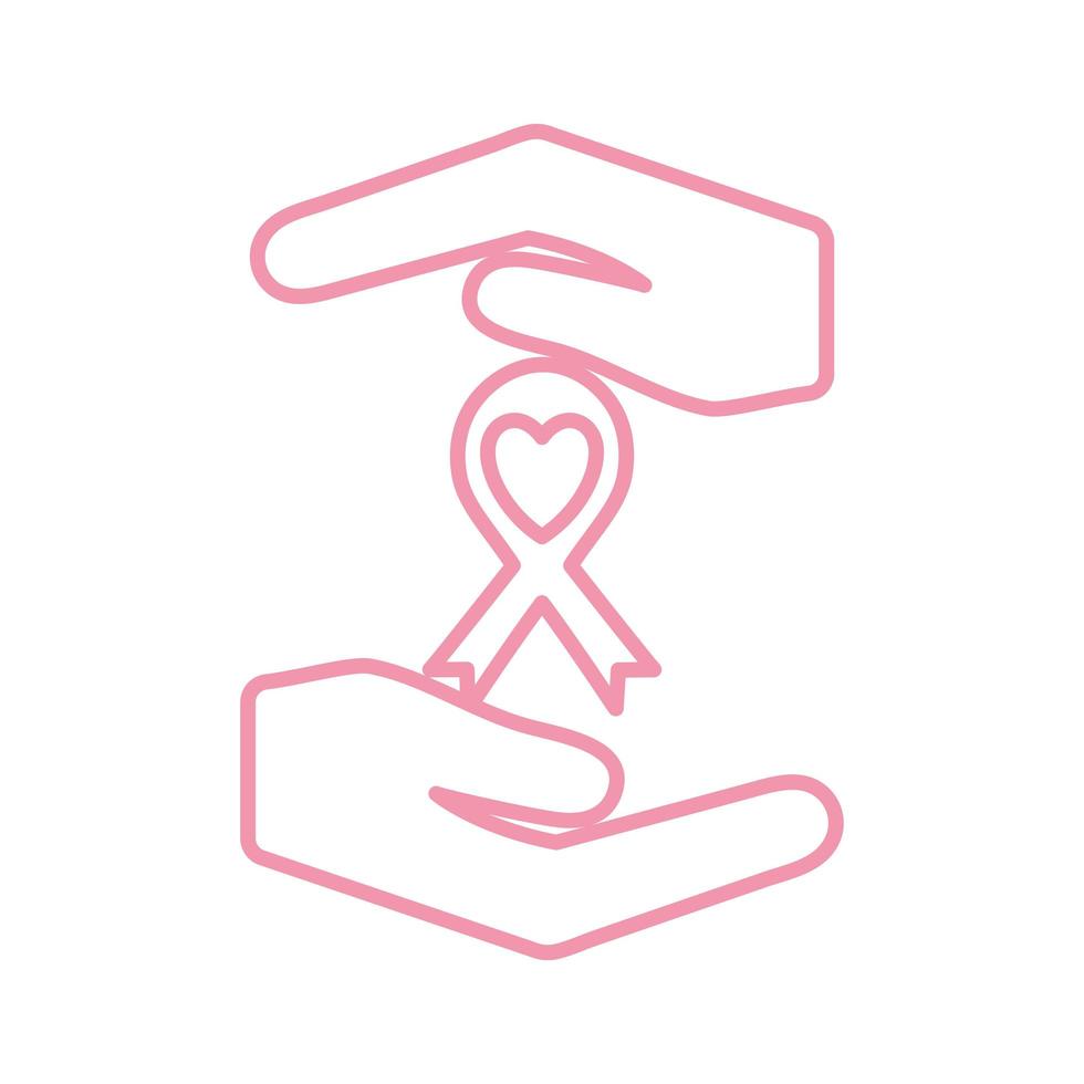 breast cancer ribbon between hands line style icon vector design