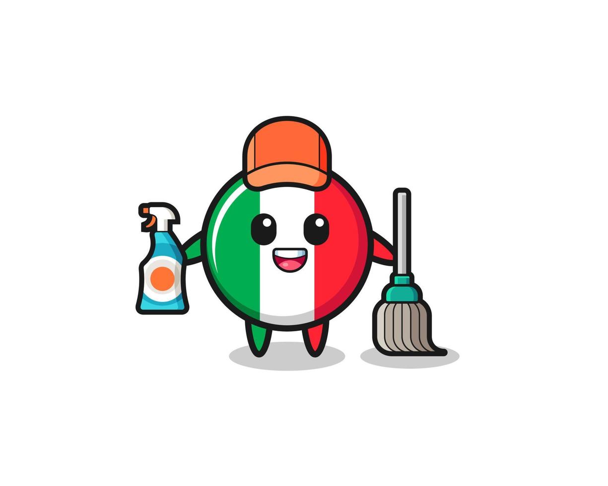 Lindo personaje de la bandera de Italia como mascota de los servicios de limpieza vector